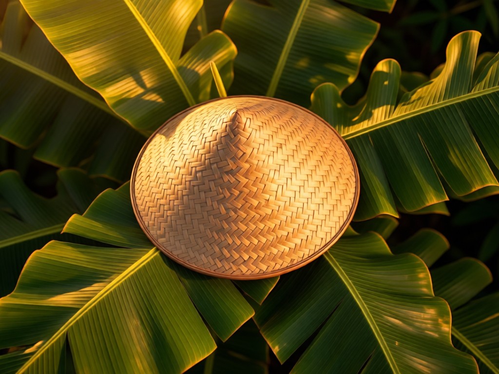 Aerial view of a traditional salakot hat resting on tropical leaves in golden hour. Symbolizes cultural identity and business growth. Soft shadows. No people.