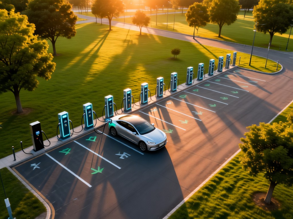 Aerial view of charging stations in a green park. Golden hour light, one car charging. Symbolizes organized growth in clean energy. No people.