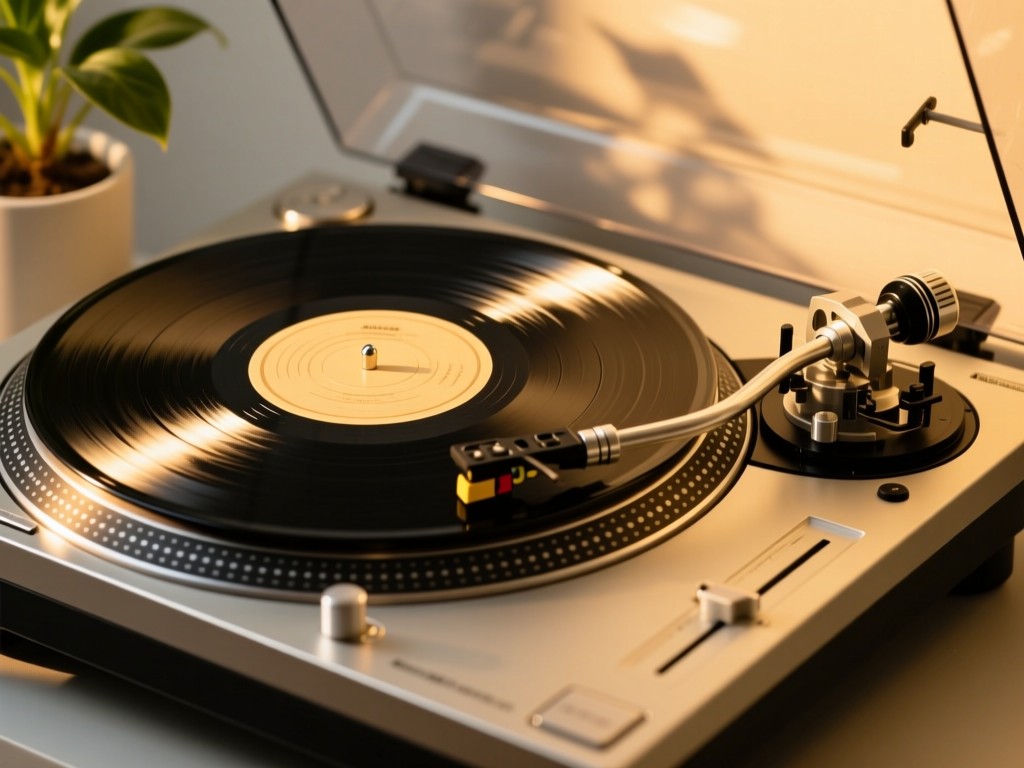 Close-up of a sleek turntable playing a vinyl record. Golden hour light catches the spinning disc. Minimalist setting with a single plant nearby. No people.