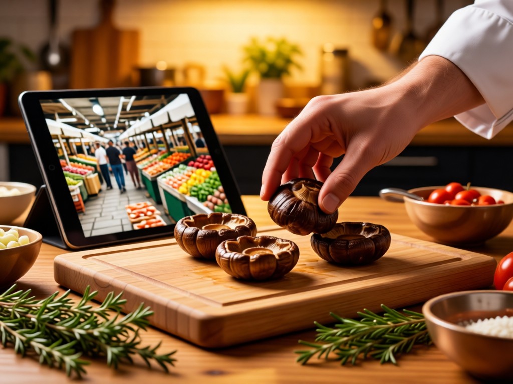 A chef's hand placing portabellas on a cutting board near a tablet showing a marketplace. Ingredients like thyme surround it in warm kitchen light. No faces shown.