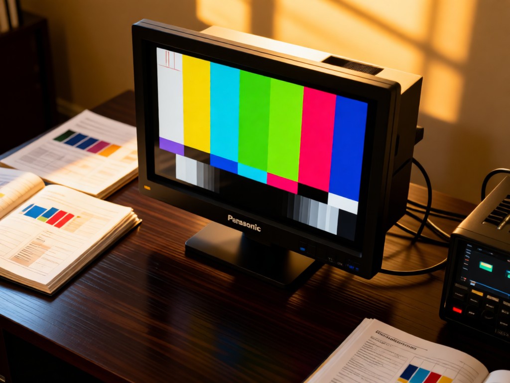 An aerial shot of a perfectly calibrated Panasonic broadcast monitor displaying color bars. It sits centered on a dark wooden desk surrounded by technical manuals in golden hour light. Symbolizes precision and professionalism. No people.