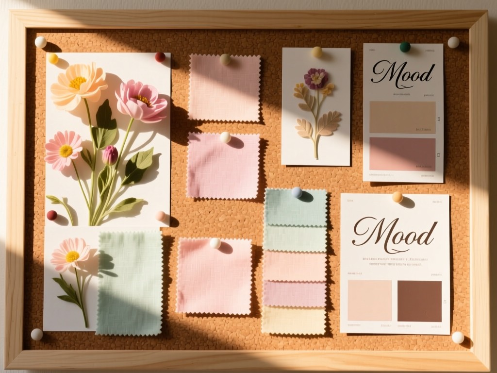 A mood board pinned to cork: pressed flowers, pastel fabric swatches, and elegant typography samples. Warm afternoon light creates depth. No people.