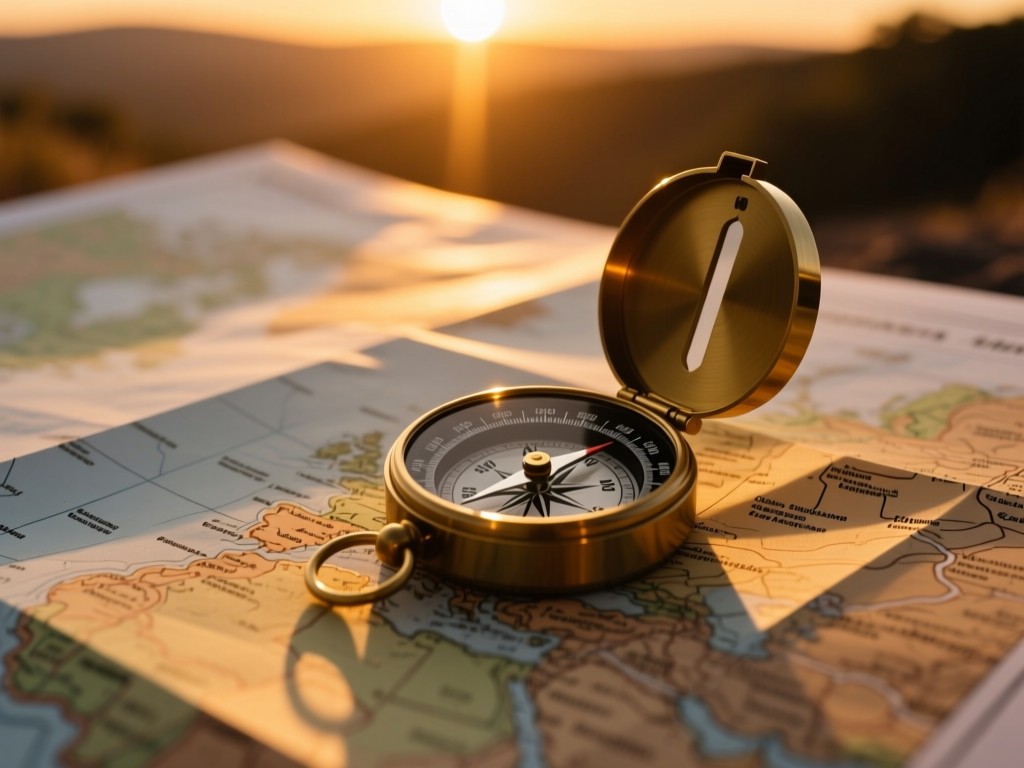 A compass resting on a topographic map at sunset, golden light casting long shadows, symbolic of local discovery, earthy tones, shallow depth of field, no text.