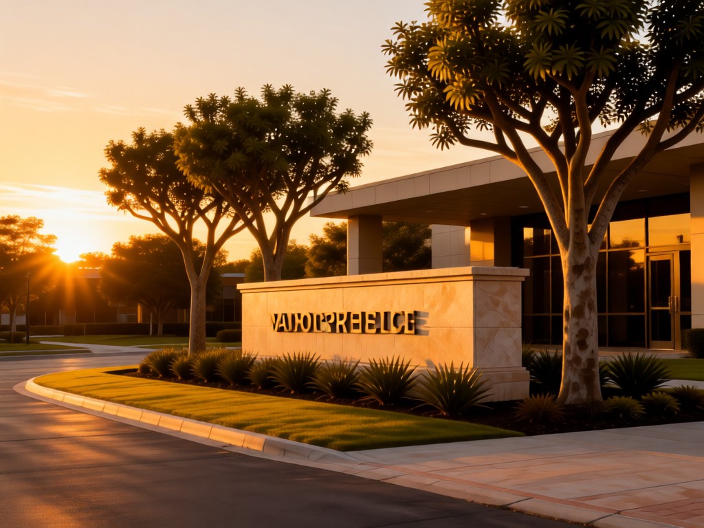 A wide shot of a meticulously maintained office park entrance at sunset. Stone sign and ornamental trees create professional appeal. Golden light emphasizes clean design. No people.