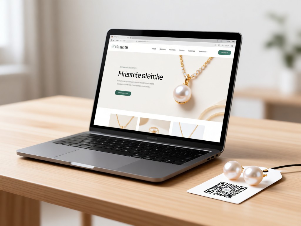 Minimalist desk with open laptop showing a clean jewelry product page. Beside it, a pearl earring lies on a product tag with QR code. Soft focus background. No people.