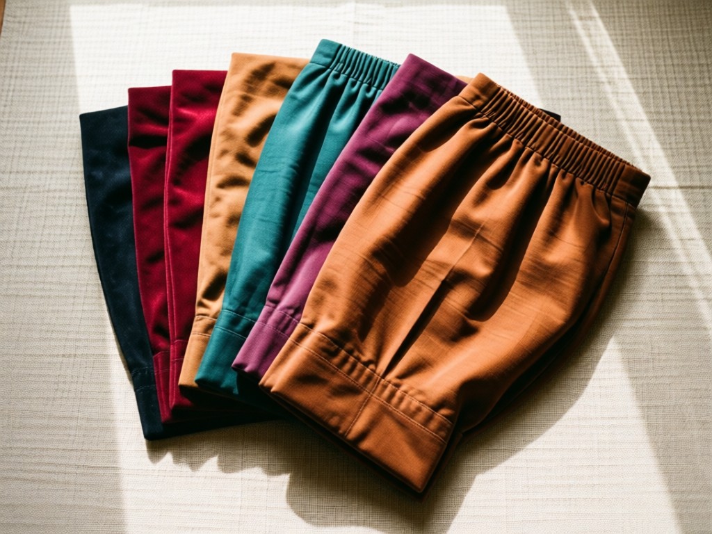 A flat lay of neatly folded pantaloons in rich fabrics on a textured linen surface. Natural light emphasizes color variations and fabric quality. No people.