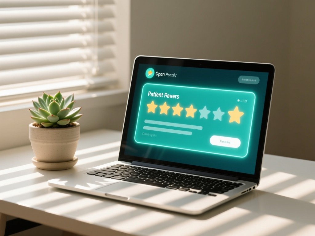Open laptop displaying glowing patient reviews beside a potted succulent. Sunlight filters through blinds, creating stripe patterns on the desk. Clean, minimalist aesthetic. No people.