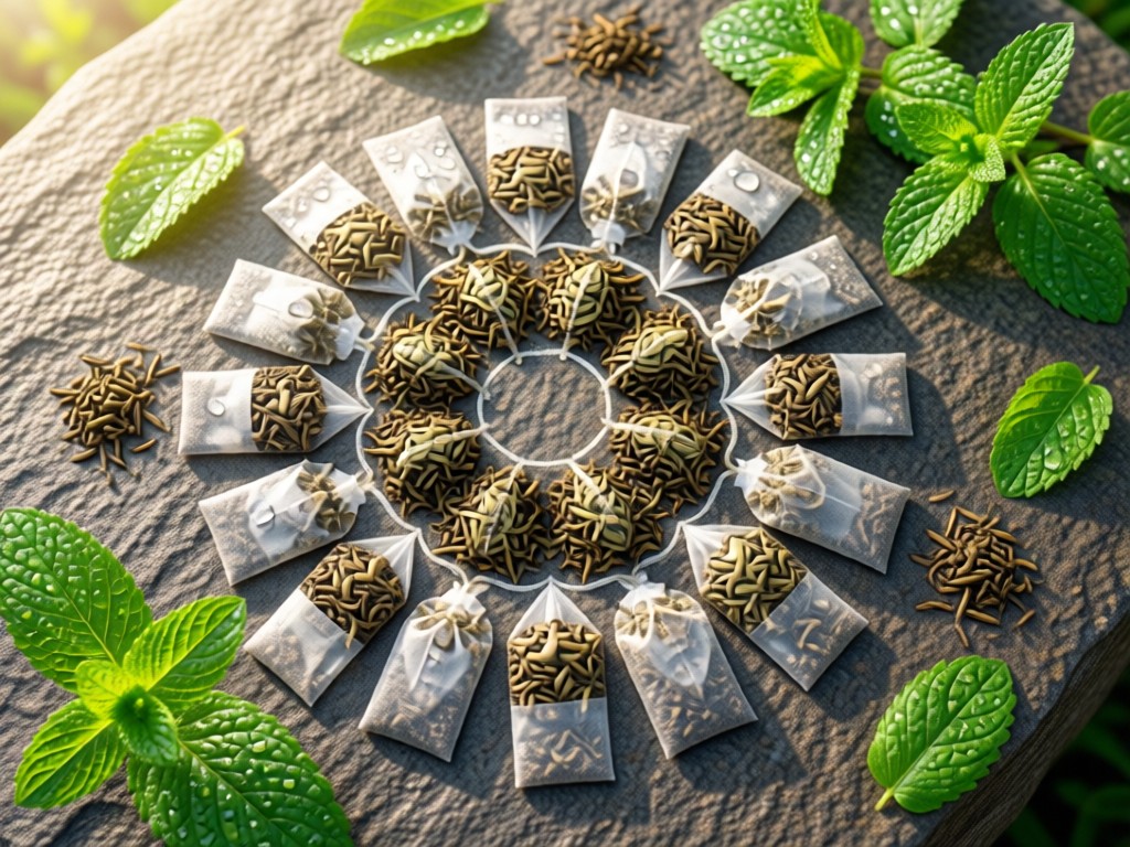 Aerial view of herbal tea bags arranged in a circular mandala pattern on a stone slab. Early morning dew glistens on nearby mint leaves. Symbolizes holistic integration and natural balance. No people.
