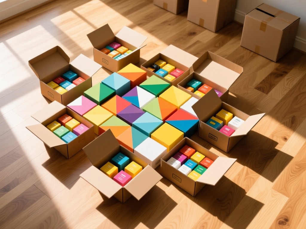 Aerial view of open shipping boxes with colorful products neatly arranged in geometric patterns on a light oak floor. Sunlight creates warm highlights and soft shadows. No people.