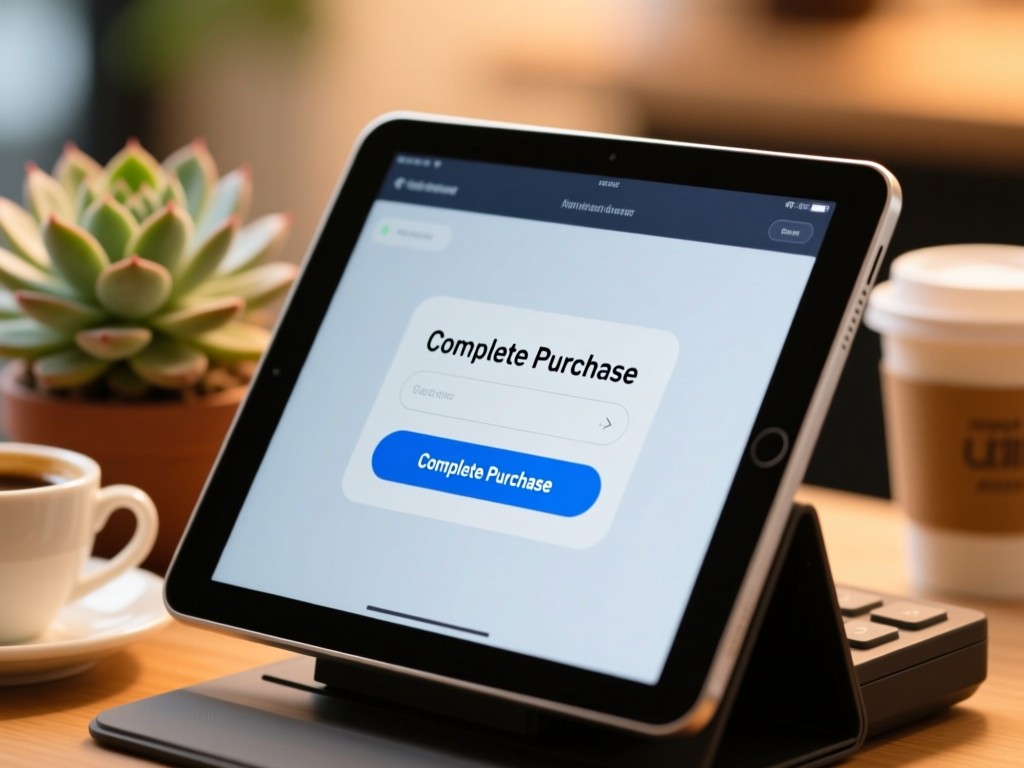 A close-up of a modern checkout screen on a tablet. Blurred background shows succulent plant and coffee cup. Warm light, focus on 'Complete Purchase' button.