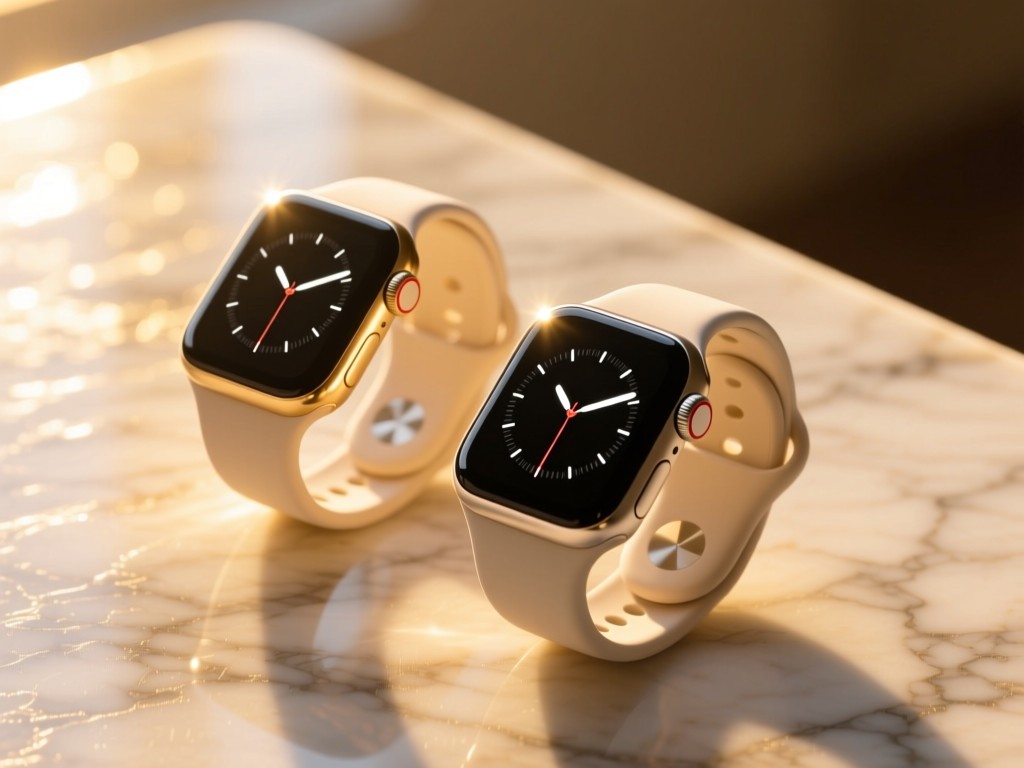 Two interconnected smartwatches glowing softly on a marble surface at golden hour, sunlight reflecting off screens, minimalist tech aesthetic, warm color palette, no human elements.