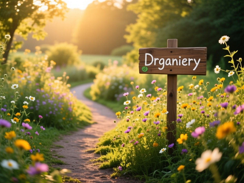 A winding garden path through sunlit wildflowers leading to a handmade wooden sign. Golden hour glow, soft shadows, vibrant natural colors, symbolic of organic discovery.