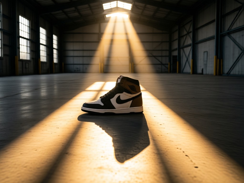 A single iconic Nike sneaker centered in a sunbeam on an empty warehouse concrete floor. Long afternoon shadows create leading lines toward the shoe. No people.