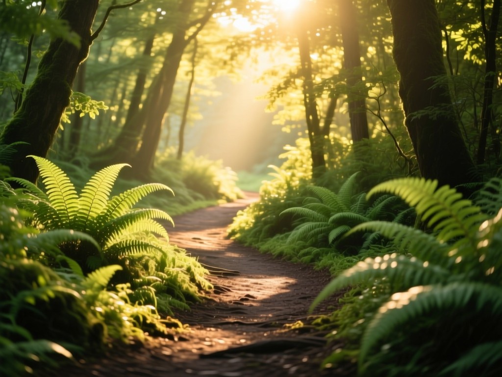 A winding forest path dappled with golden sunlight, leading toward a bright clearing, symbolic of discovery, vibrant green ferns, shallow depth of field, no people.