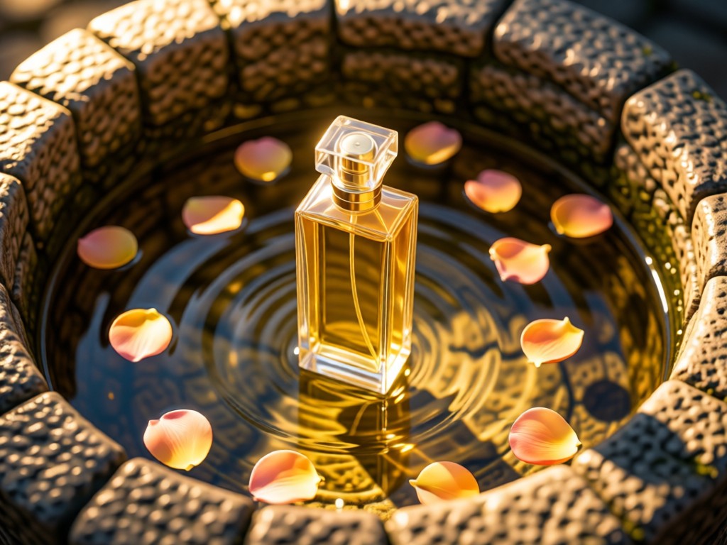 Aerial view of perfume bottle standing in stone well surrounded by floating flower petals. Soft golden light creates focus. Symbolizes distinction. No people.