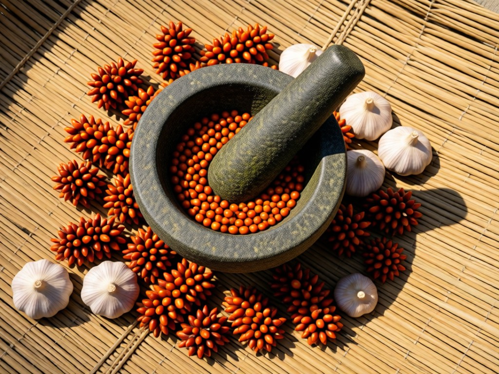 Aerial view of traditional pilón mortar and pestle surrounded by vibrant achiote seeds and garlic on a woven palm mat. Soft afternoon shadows create depth. Symbolizes authentic tools in one beautiful space. No people.