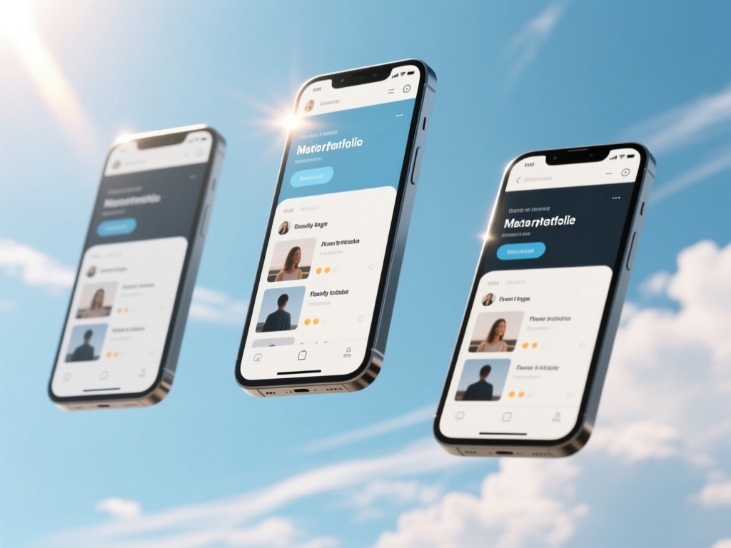 Three floating smartphones showing the same portfolio page flawlessly scaled. Devices hover against a soft blue sky with wispy clouds. Sunlight glints on screens. No people.