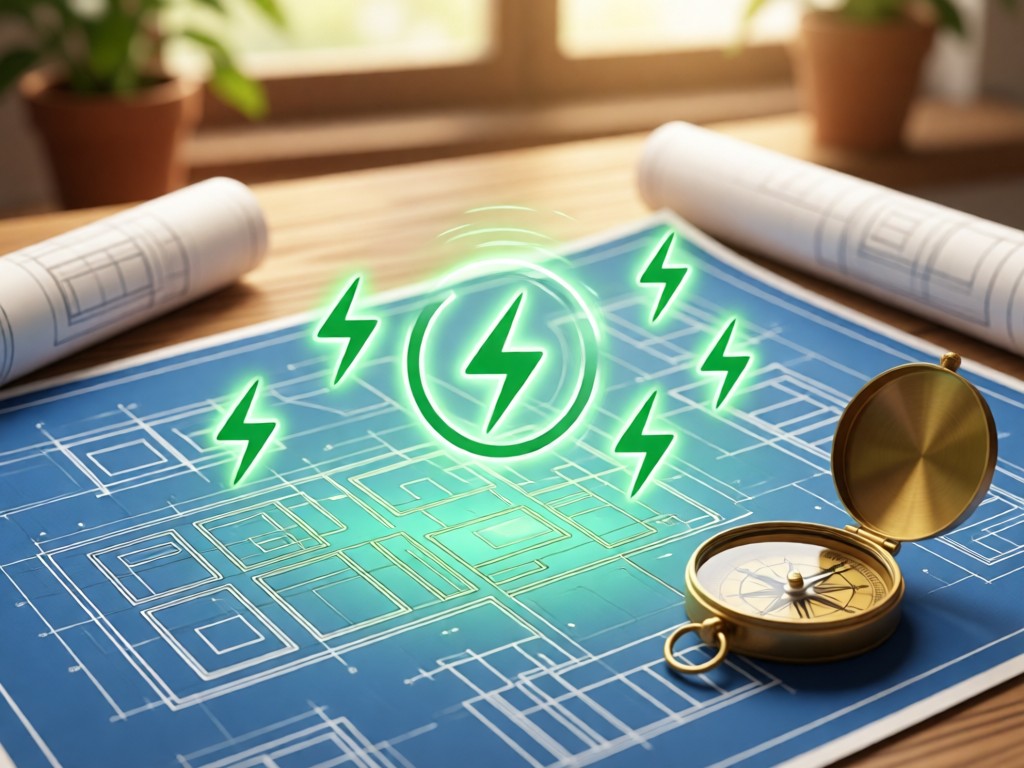 Stylized flat lay of architectural blueprints overlapped with green energy icons and a compass. Warm natural lighting with soft focus background. No people.