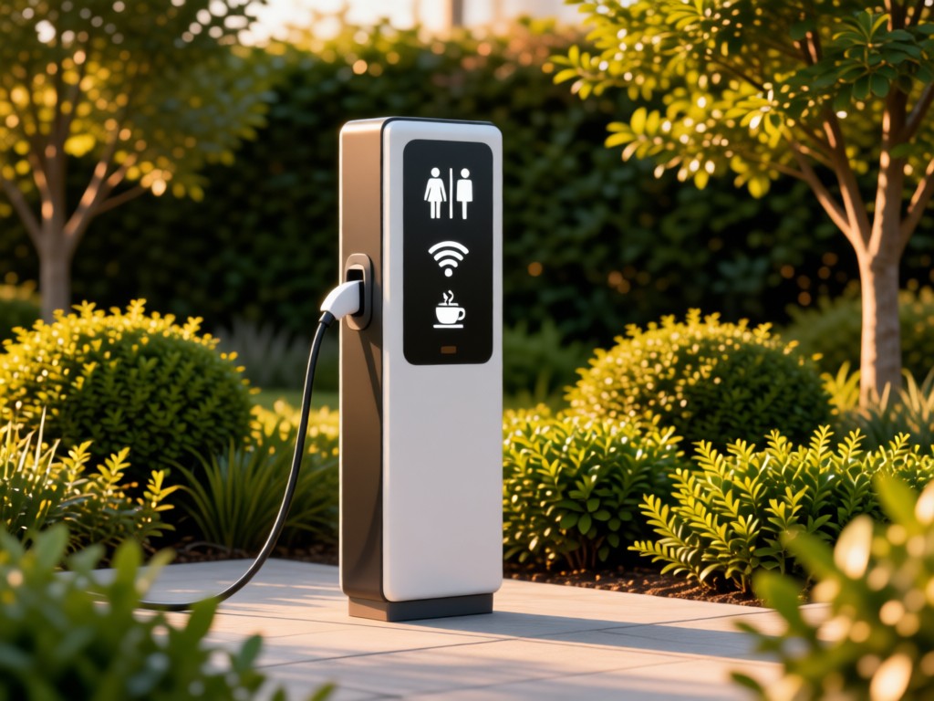 A charging station with clear amenity icons: restroom, Wi-Fi, coffee. Surrounded by landscaped greenery in warm afternoon light. Minimalist design. No people.