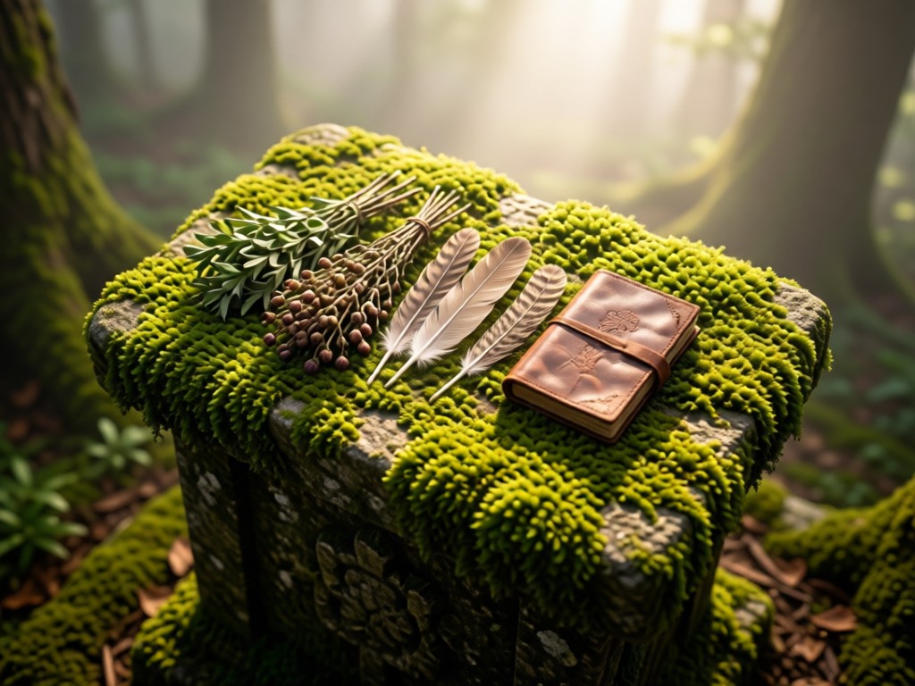 An overhead shot of a moss-covered stone altar holding dried herbs, feathers, and a leather-bound journal. Soft backlight creates ethereal haze. Earthy greens and browns dominate. No people.