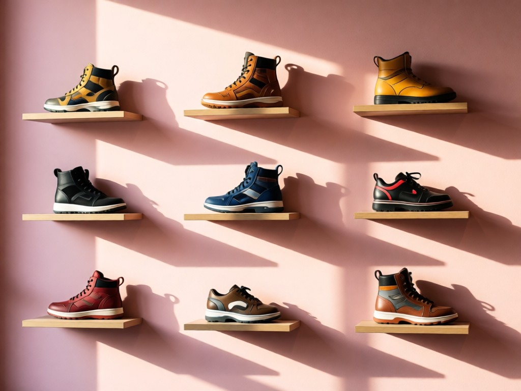 A curated display of Off Broadway shoes on floating shelves against a blush pink wall. Soft afternoon light creates delicate shadows behind each pair. No people.