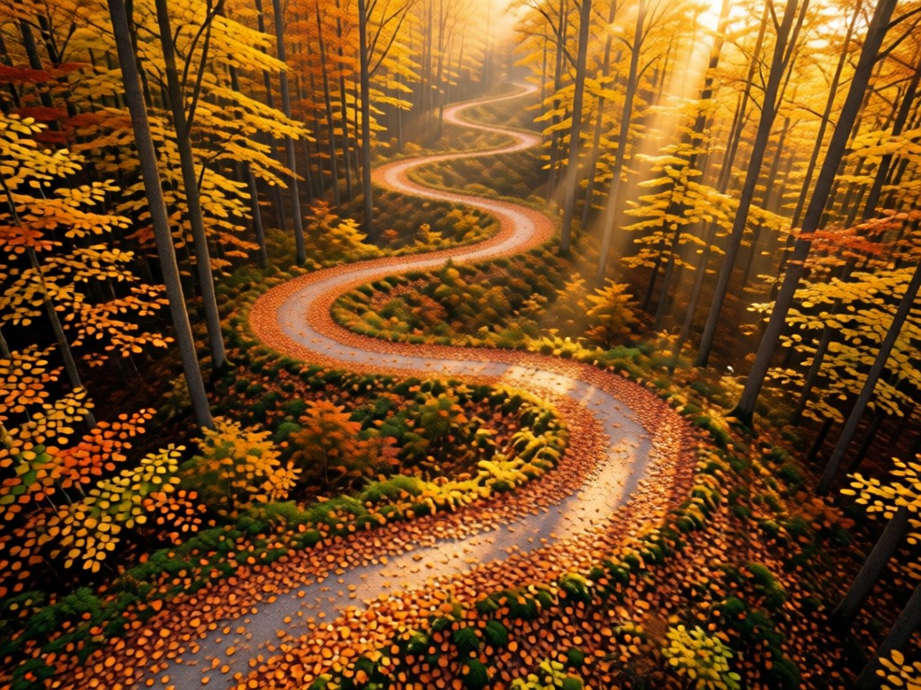 Aerial shot of a winding forest path covered in autumn leaves, creating natural flow lines. Golden hour light filters through trees. Symbolizes rhythm and progression. No people.