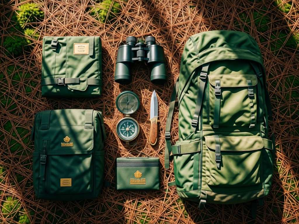 Top-down view of premium outdoor gear neatly arranged on pine needles: binoculars, compass, knife. Dappled forest light filtering through trees. Rich green and brown palette.