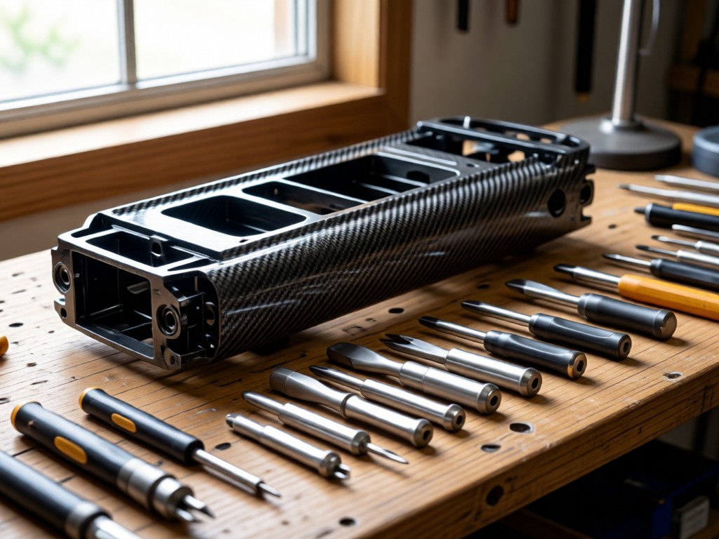 Close-up of precision RC tools laid beside a carbon fiber chassis on a workshop bench. Soft window light highlights textures and metallic sheen. No people.
