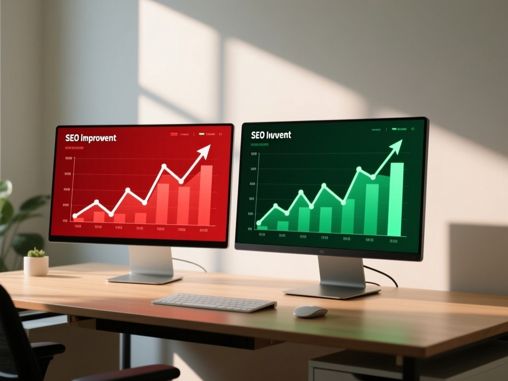 Desk with two side-by-side monitors showing dramatic SEO improvement graphs. One screen red, one green. Natural light highlights the data contrast. Minimalist setup. No people.