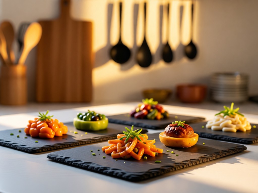 Minimalist plating of colorful dishes on slate boards. Soft focus background shows kitchen utensils in golden hour light. No people.