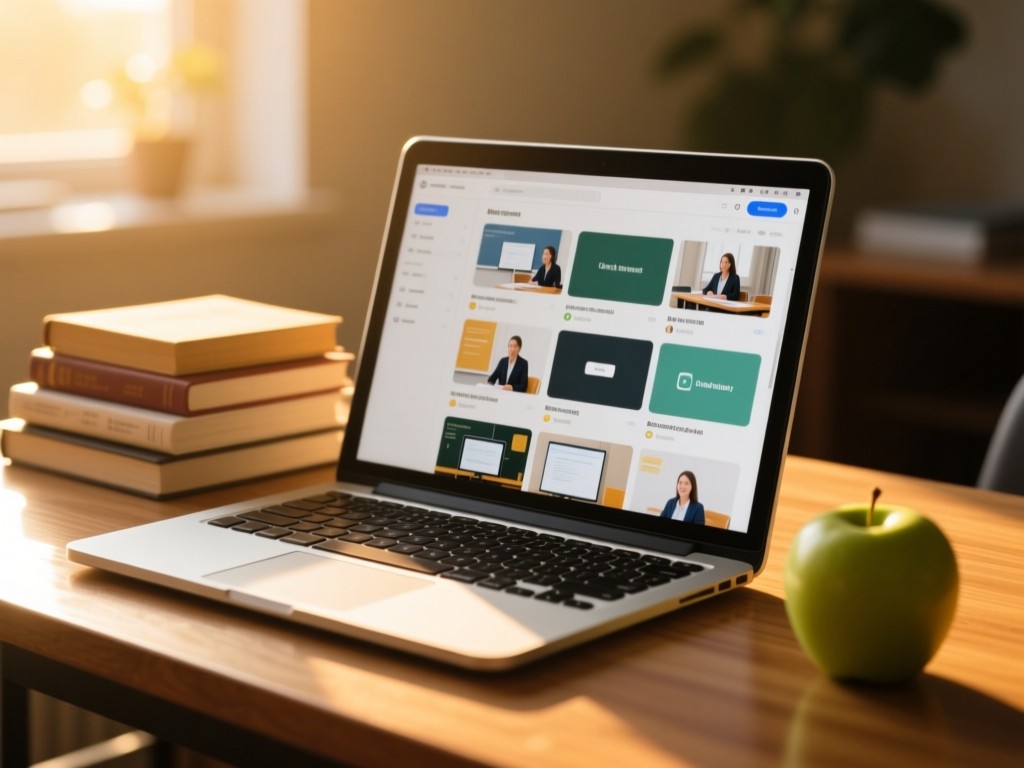 An open laptop on a wooden desk during golden hour, screen showing organized lesson thumbnails, sunlight illuminating a stack of textbooks and an apple, soft natural lighting, shallow depth of field, no visible text.