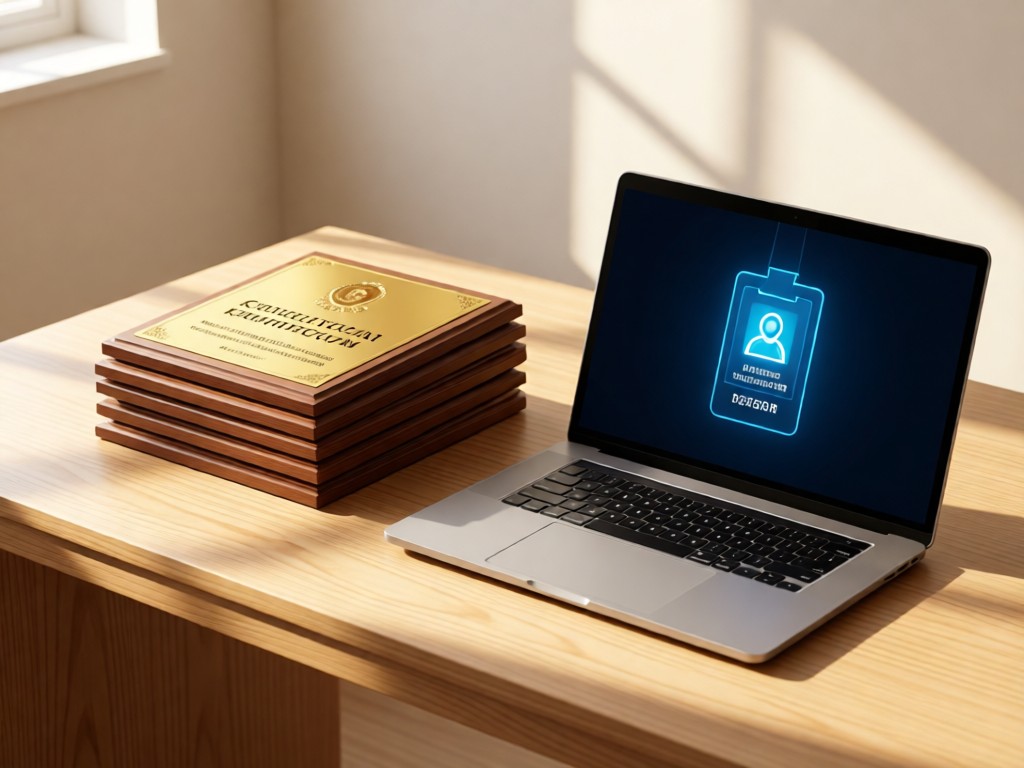 A minimalist desk with stacked certification plaques beside a sleek laptop showing a digital badge. Morning light highlights the engraved text on the plaques. Clean wood texture, no people.