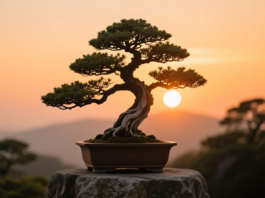 A single bonsai tree on a stone pedestal at sunset, meticulously pruned branches symbolizing curated artistry, warm amber glow, shallow depth of field, no text or people.
