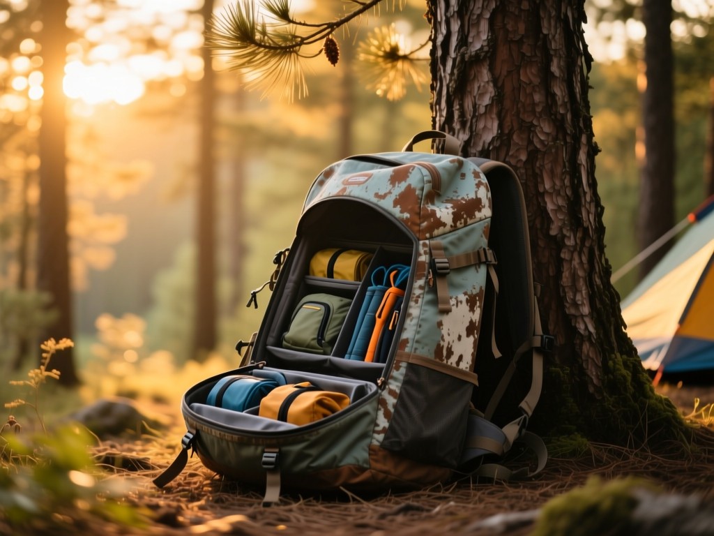 A weathered backpack leaning against a pine tree during golden hour, open to reveal neatly organized camping gear, soft sunlight filtering through forest canopy, warm tones, shallow depth of field, no people.