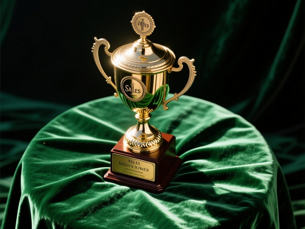 Aerial view of a vintage sales trophy centered on a green velvet cloth. Sunlight highlights engraved details against dark background. Symbolizes achievement and focus. No people.