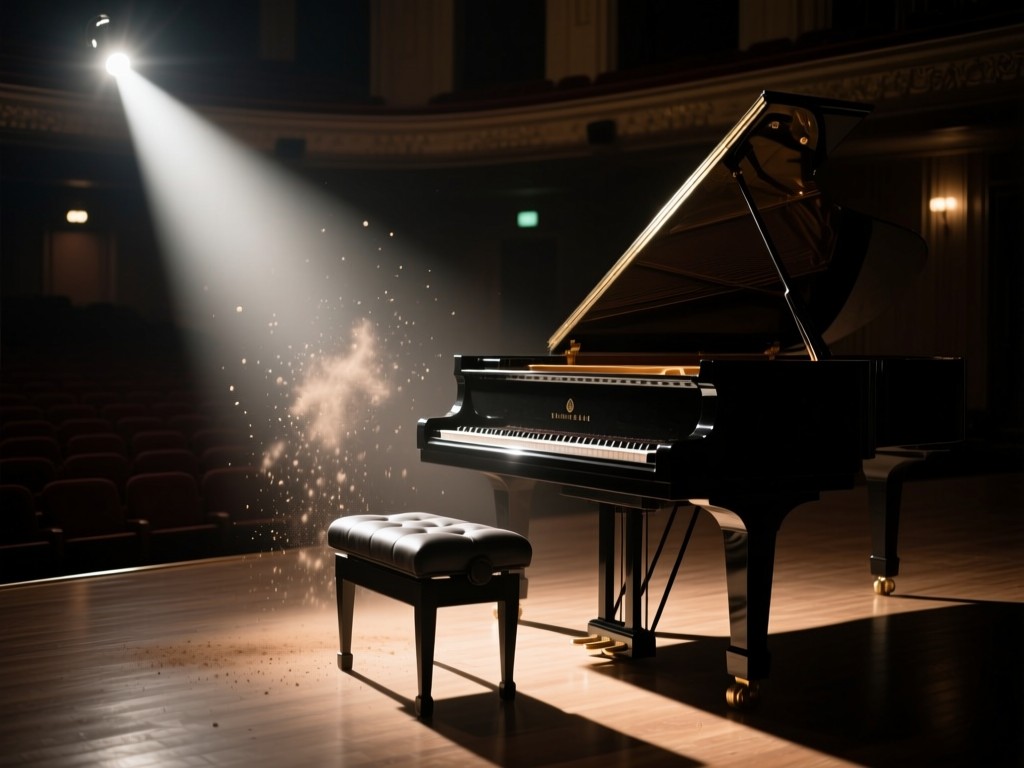 A single spotlight shining on an empty piano bench in a dark concert hall. Dust particles visible in the light beam. Symbolizes readiness for performance. No people.
