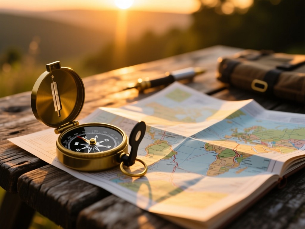 A compass and open roadmap on a rustic table during sunset, golden light highlighting navigation tools, symbolic of discovery, soft shadows, warm tones, no people in frame.