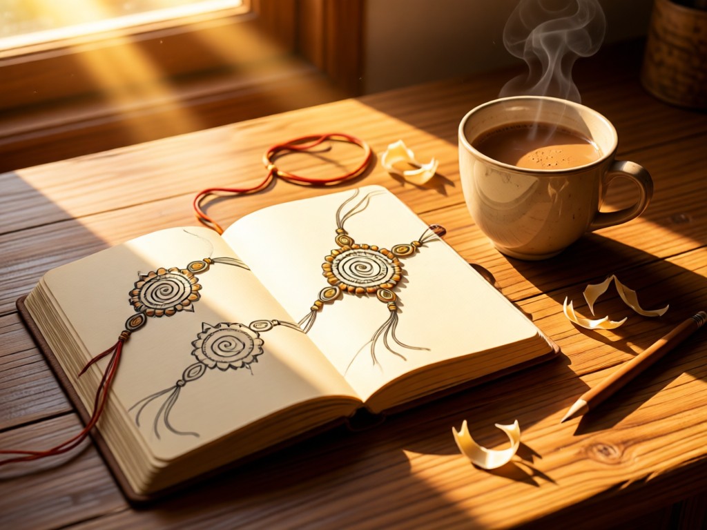 An open journal with Rakhi sketches beside a cup of chai on a wooden desk. Golden hour light streams through, illuminating pencil shavings. Warm and authentic mood. No people.