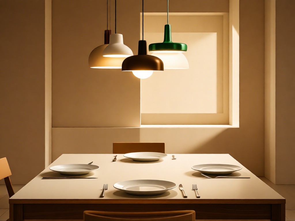 A minimalist table setting with empty porcelain plates under pendant lights. Clean lines and negative space. Golden hour ambiance. No people.