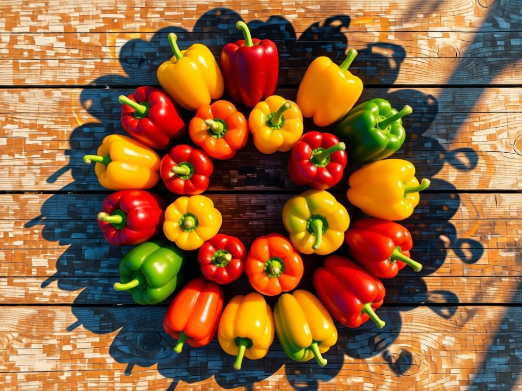 Aerial view of vibrant bell peppers arranged in a circular pattern on a weathered farm table. Golden sunlight creates warm color contrasts. Symbolizes fresh ingredients and culinary focus. No people.
