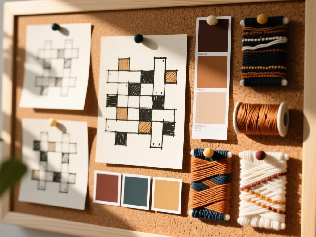 A mood board featuring crossword theme sketches, color swatches, and thread patterns pinned to cork. Soft afternoon light creates depth and warmth. No people.