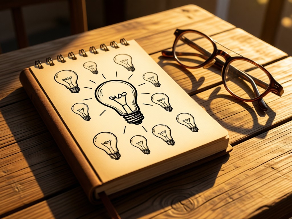 A stylized notebook with sketched lightbulb ideas next to vintage-style glasses. Golden hour light creates soft shadows on a rustic table. No people.
