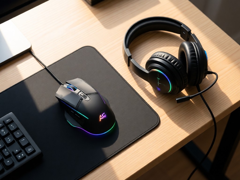 Aerial view of a high-performance mouse and mousepad beside a sleek headset. Subtle RGB glow blends with warm natural light on a clean desk surface. Represents precision tools in harmony. No people.