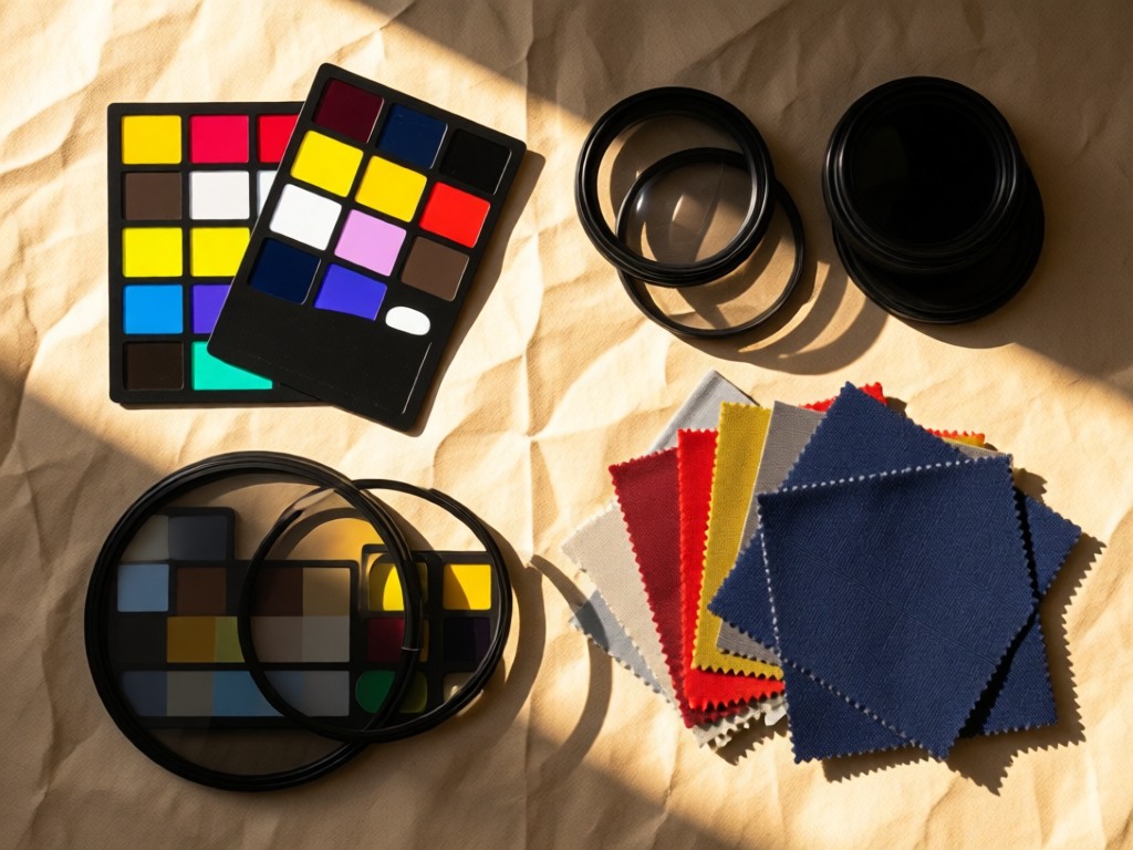 A flat lay of photography tools: color calibration cards, lens filters, and fabric swatches. Morning light creates soft shadows on textured paper. No people.