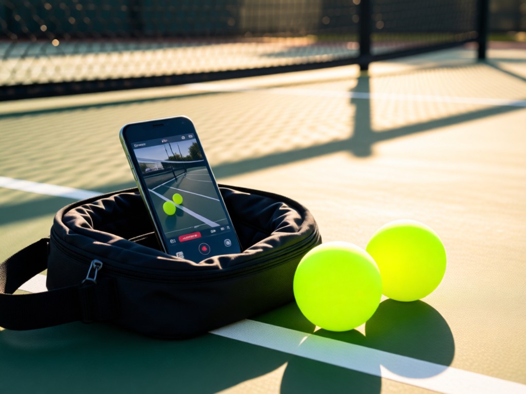 A smartphone propped on a pickleball bag, displaying a video replay screen. Beside it, two neon balls sit on sunlit court lines. Soft focus background shows fence shadows.