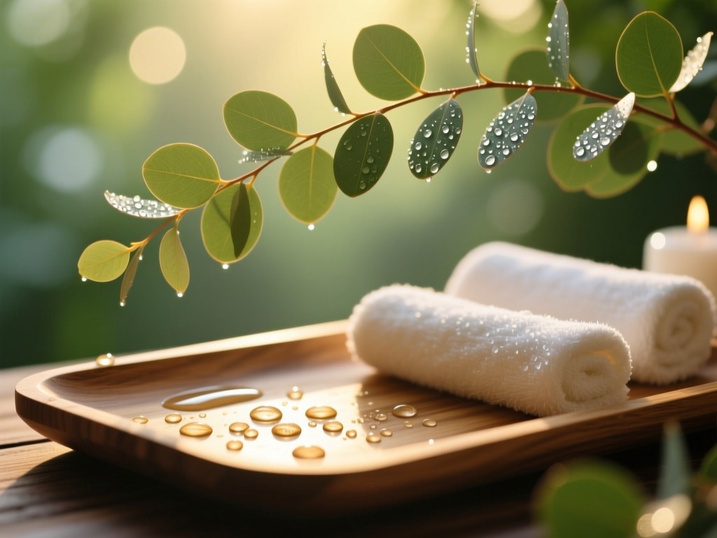 Gentle morning sunlight filtering through eucalyptus leaves onto a wooden wellness tray, dewdrops visible, serene spa atmosphere, natural green and gold tones, no text or human elements.