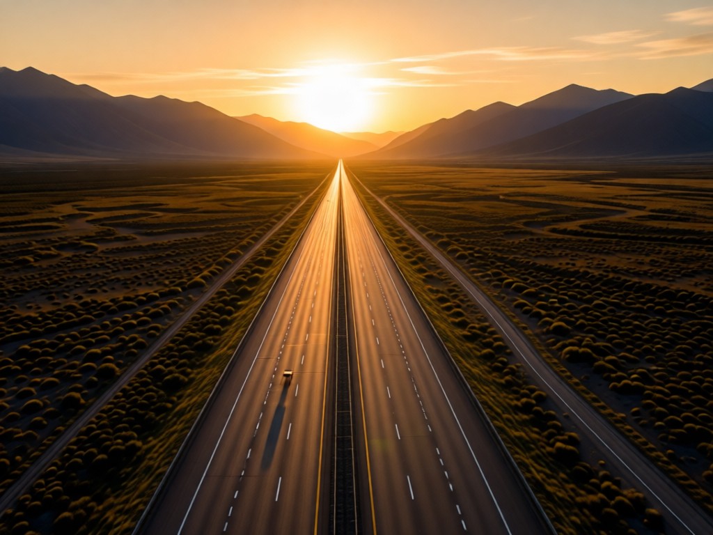 An aerial shot of a long, empty highway stretching toward mountains at sunset. The road symbolizes career opportunities. Warm golden hour lighting. No people.