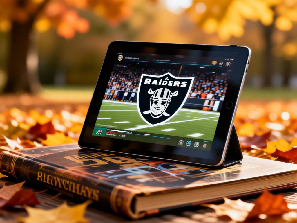 A tablet playing a Raiders highlight reel, propped against a vintage team yearbook. Soft focus on autumn leaves in the background. Warm, inviting lighting. No people.
