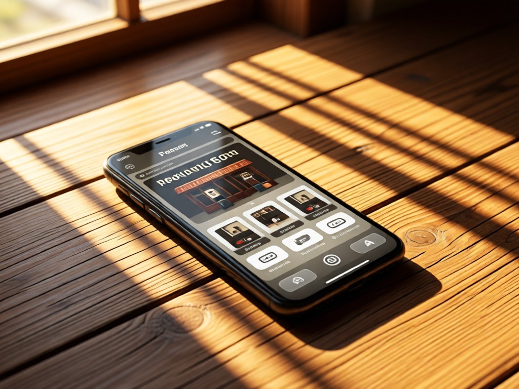A smartphone displaying a clean pawn shop interface on a rustic wooden table. Golden hour light through window creates warm stripes. No people.