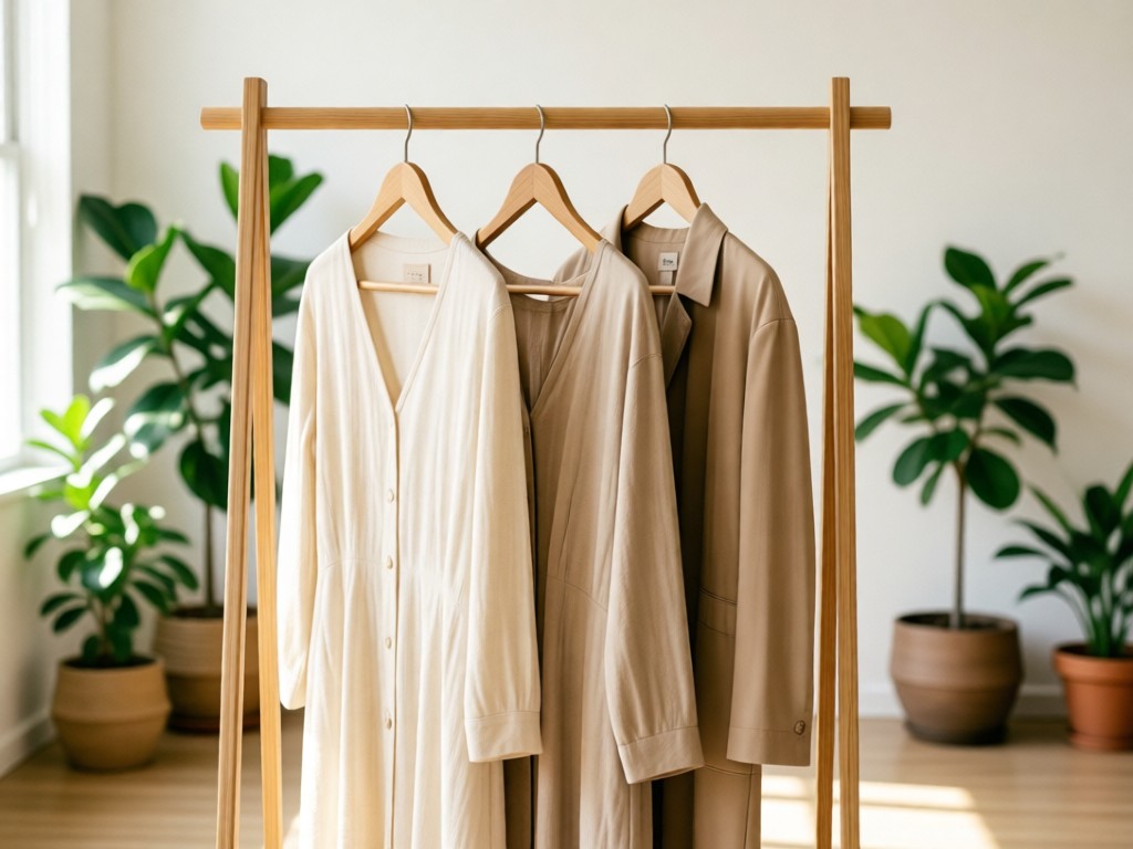 A minimalist clothing rack holding 3 carefully curated outfits in a sunlit studio. Natural wood hangers, soft focus background with potted plants. Clean and inviting aesthetic. No people.